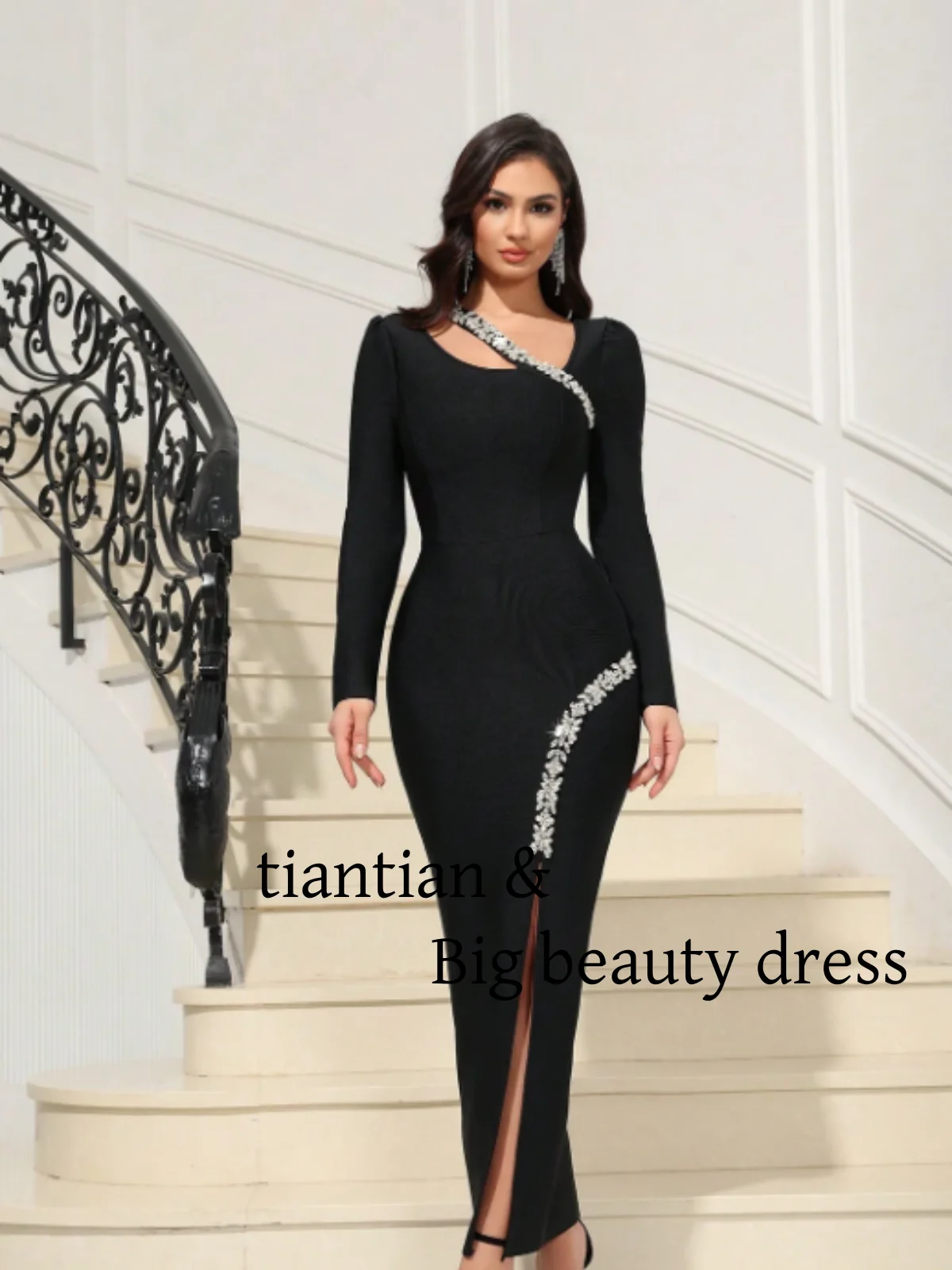 

Customized Elegant Long Sleeve Prom Dresses Diamond Design SlimTight Slit Evening Gowns Dress vestidos de fiesta elegantes