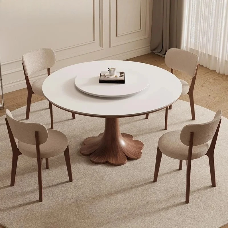 Solid wood rock slab dining table round table household medium and ancient style small apartment round dining table rotation