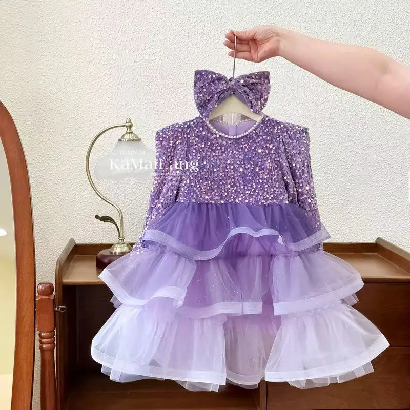 Girls' Dresses 2025 Autumn New Girls' Princess Clothes High-grade Purple Performance Dresses