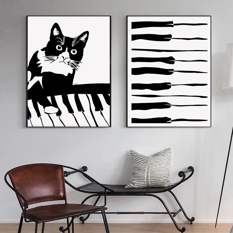 Black and White Piano Keys Note Violin Guitar with Cute Cat Canvas Painting Prints Music Poster for Living Room Home Decor