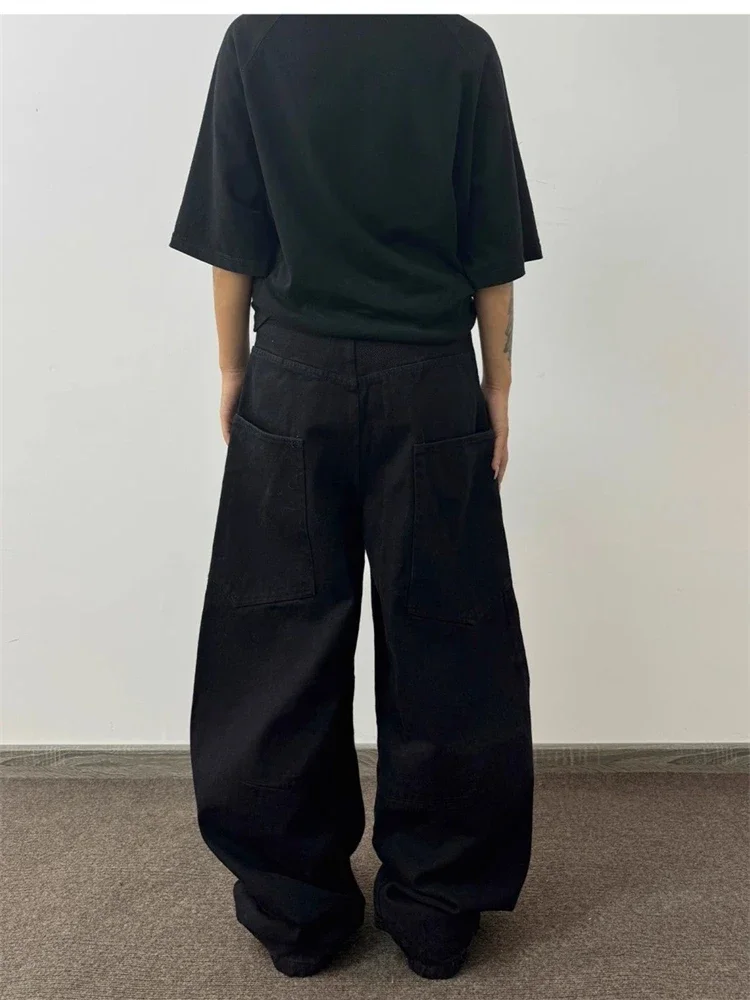 Legal menina cintura alta streetwear moda calças femininas casuais denim calças femininas soltas perna larga bolsos grandes jeans preto