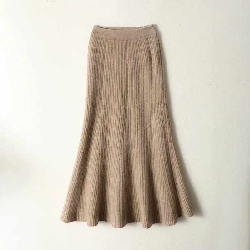 100% Merino Wool Knitted Half Skirt Autumn Winter Women's Elegant A-line Skirt High Waisted Mid Length Slimming Thick Warm Dress