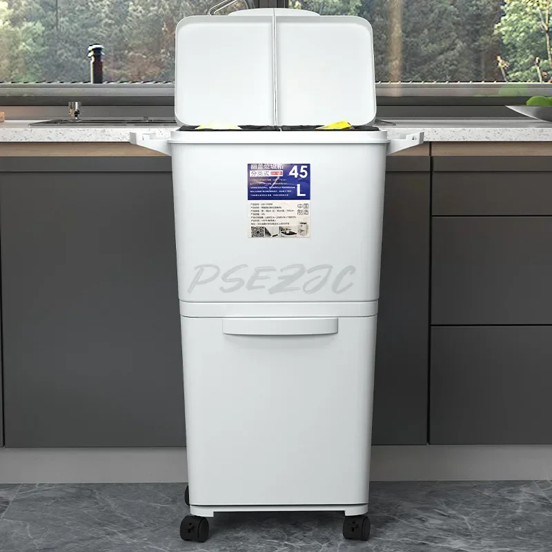 Kitchen Mobile Garbage Bin with Large Capacity Dry Wet Separation Double-layer Classification Large Household Use