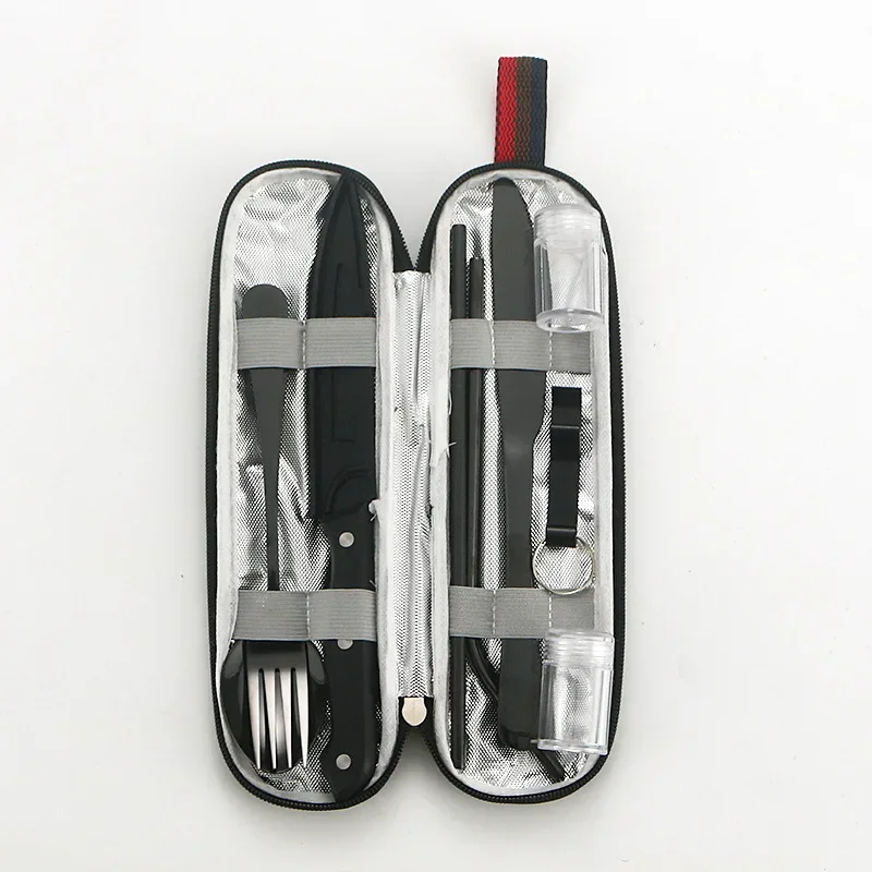 Stainless Steel Cutlery Knife Fork Spoon Steak Knife Spice Bottle Straw Outdoor Travel Portable Set