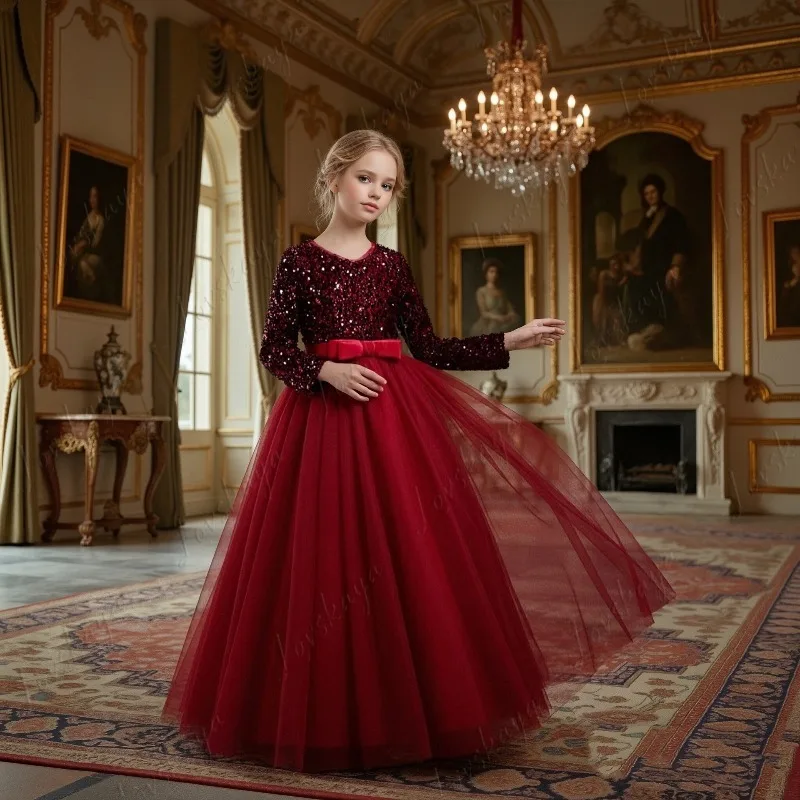 

Осенне-зимнее сетчатое платье принцессы с длинными рукавами и блестками для девочек, свадебное платье с цветочным узором для девочек, платье для дня рождения