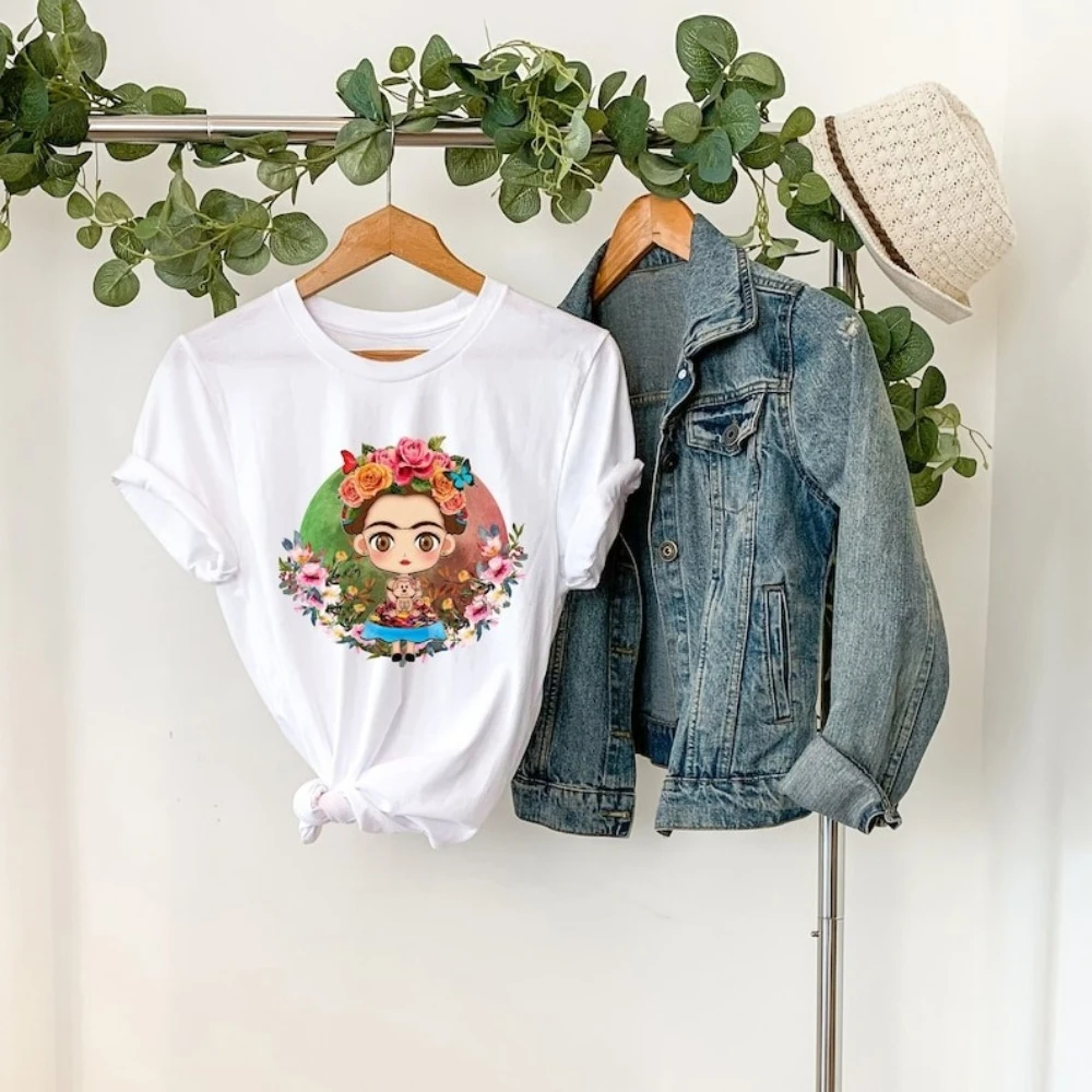 Frida Kahlo Cartoon T-Shirt Floral Art Tee Woman Gift Shirt The Soul of Mexican Art Frida Shirt Salute and Remember The Clothing