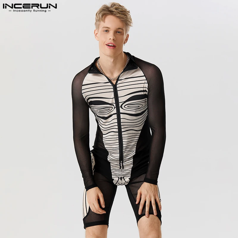 INCERUN 2023 Sexy Homewear New Mens Jumpsuit Abstract Printed See-through Mesh Stitching Long Sleeved Flat Angle Bodysuits S-5XL