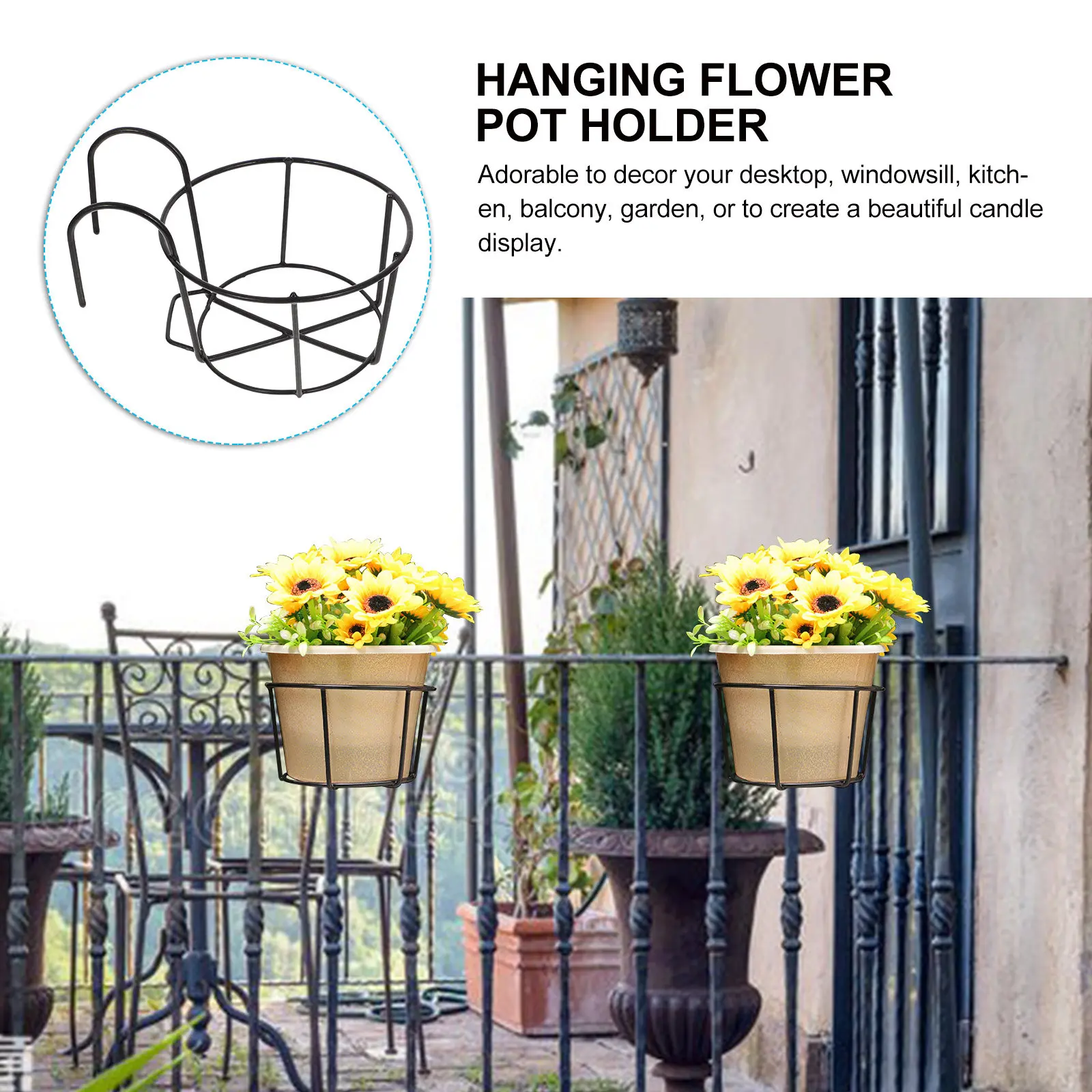 3Pcs Round Plant Stand for Balcony Railing Hanging Flower Pot Holder Iron Planter Basket Desktop Windowsill Garden Decor