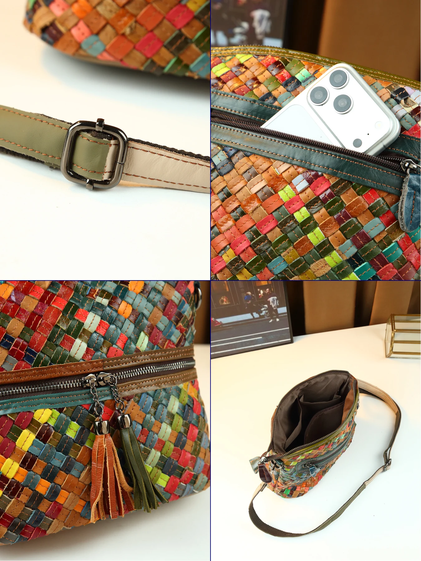 European and American retro leather women's bags, colorful unique fringed design, hand-woven messenger bags