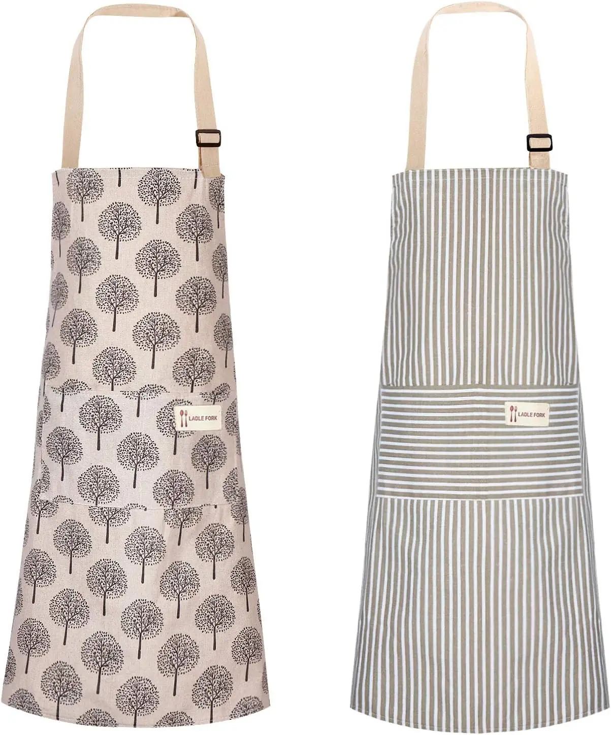 

2 Pack Aprons with 2 Pocket for Women Men Soft Linen Adjustable Bib Kitchen Cooking Apron for Chefs, Waiters, Baking(Brown Strip