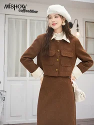 MISHOW Blazer and Skirt Set for Women 2023 Autumn Winter Wool Blend Two Piece Set Elegant Jacket Slit Back Skirt Suit MXC54T0162