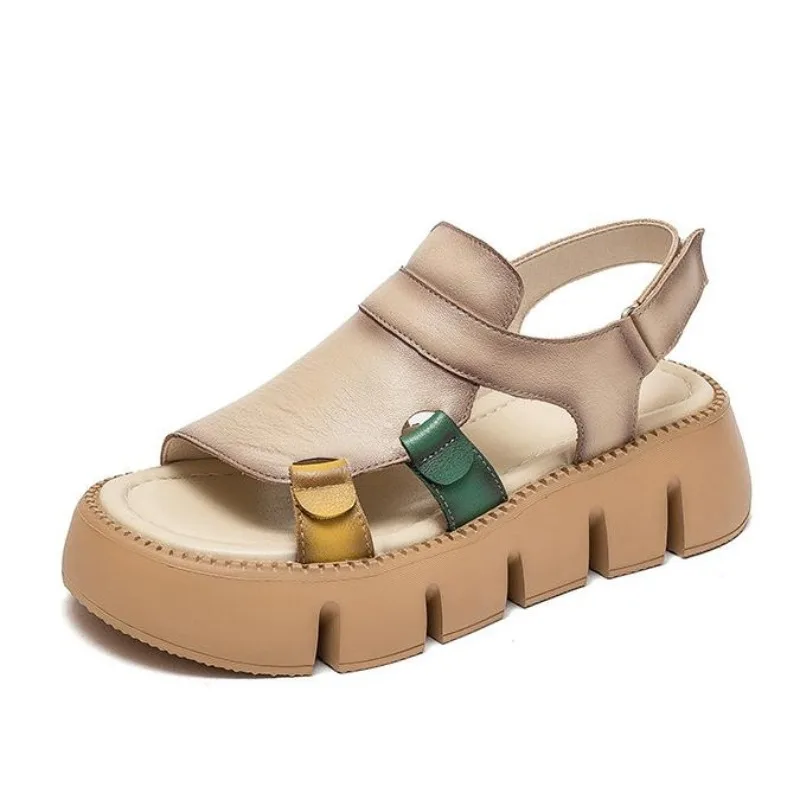 

Летние сандалии ручной работы из натуральной кожи 5,5 см, женские дизайнерские роскошные повседневные сандалии на танкетке на липучке, женская обувь