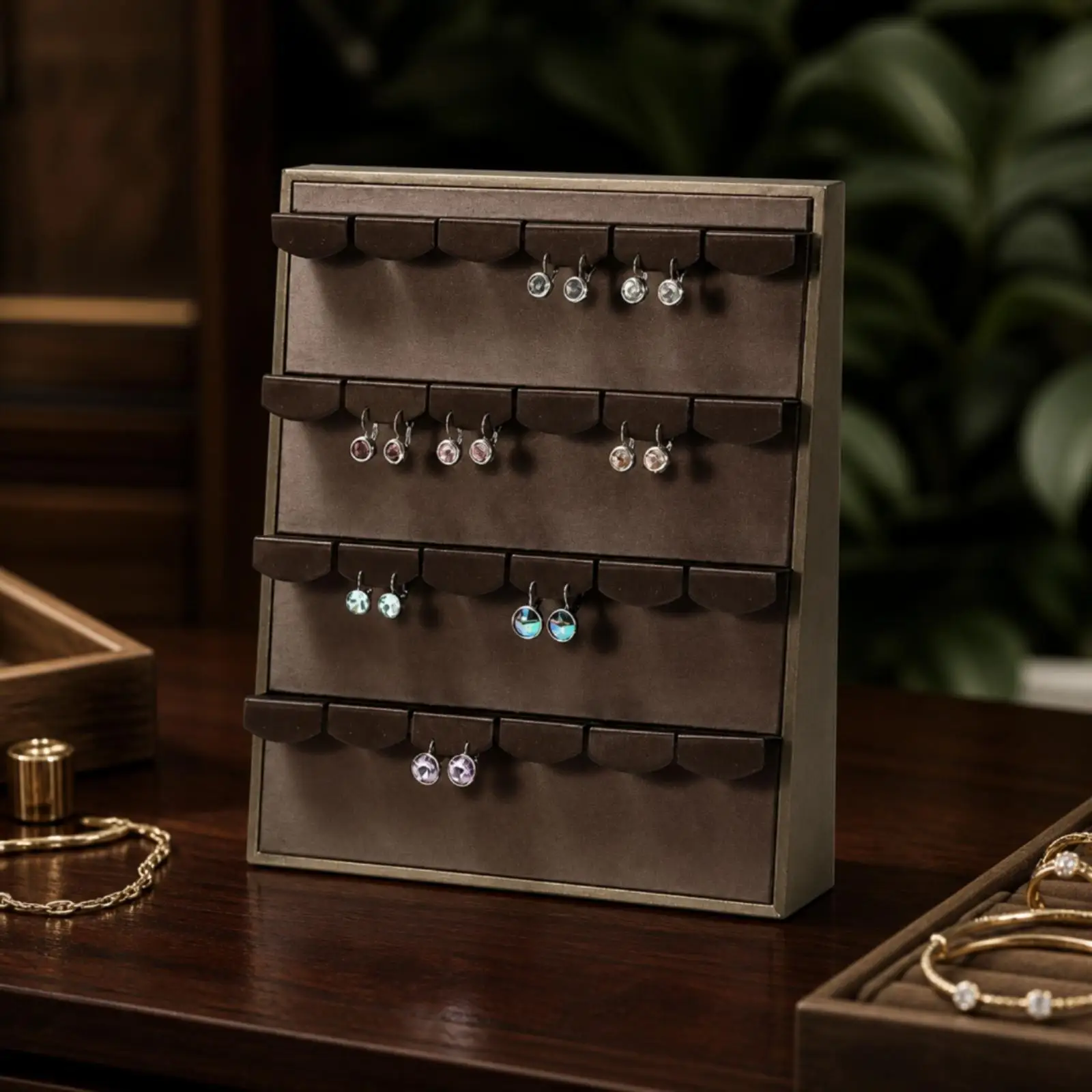 Upright Earring Organizer Shallow Profile PU Leather Jewelry Display Tray Space-Saving Earring Holder with Punched Holes for