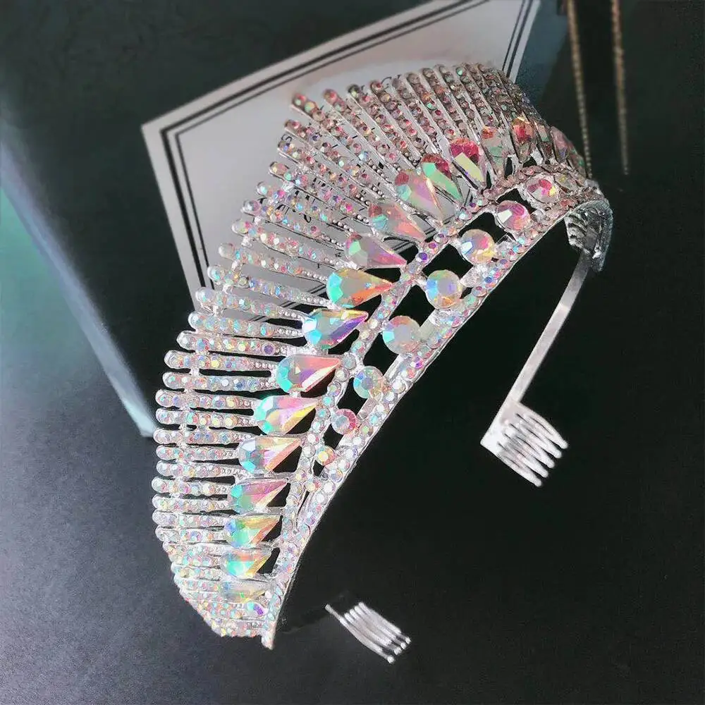 AB Color Crystal Bride Headdress Wedding Tiara Queens Crown With Comb Rhinestone Pageant Diadem Headpiece Bride Hair Accessories
