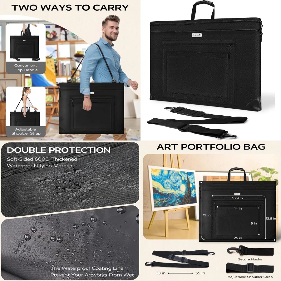 حقيبة محفظة فنية خفيفة الوزن مقاس 18 × 24 مع حزام كتف قابل للتعديل وزوايا جلدية للفنانين والطلاب حقيبة مقاومة للماء