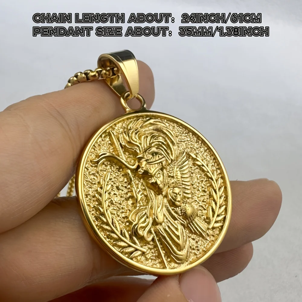 Men's Athena Goddess Round Medallion Pendant Necklace 316L Stainless Steel Gold Color Vintage Hip‑hop Greek Jewelry