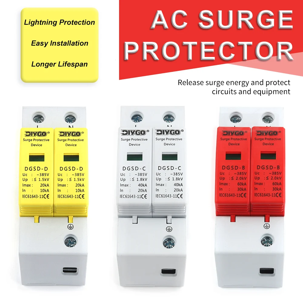 

2P AC SPD Din Rail Surge Protector Protective Low-voltage Arrester Device Home Lightning Protection 10-20KA 20-40KA 30-60KA 1P+N