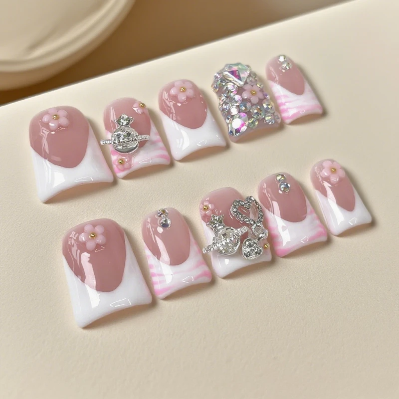 

White French Nail Tips 10Pcs Short Duck Nails With Metal Rhinestones Decor Press On Small Flower Sweet Nude Acrylic Fake Nails