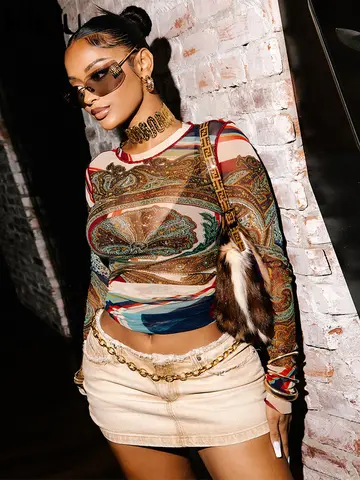 kliou Mesh Festival Printed Women T-shirts Autumn Hipster New Full Sleeve O-neck Skinny Crop Tees Female Thin Wild Streetwear