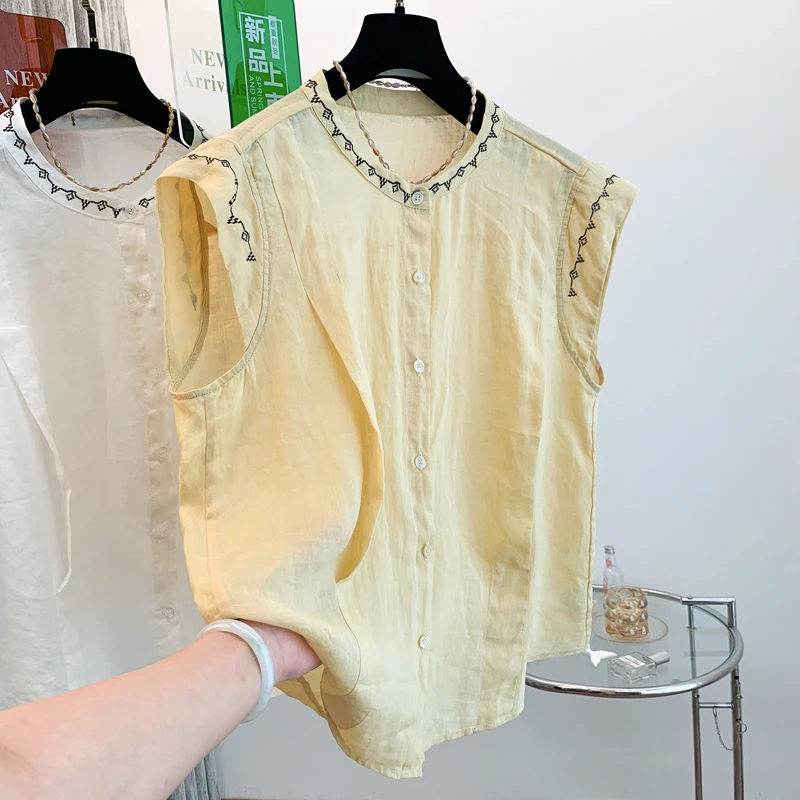 เสื้อคาร์ดิแกนผ้าฝ้ายลินินปักลาย สำหรับผู้หญิง แฟชั่นฤดูร้อน สไตล์วัยรุ่น คอตั้ง ทรงเข้ารูป ผ้าบางเบา