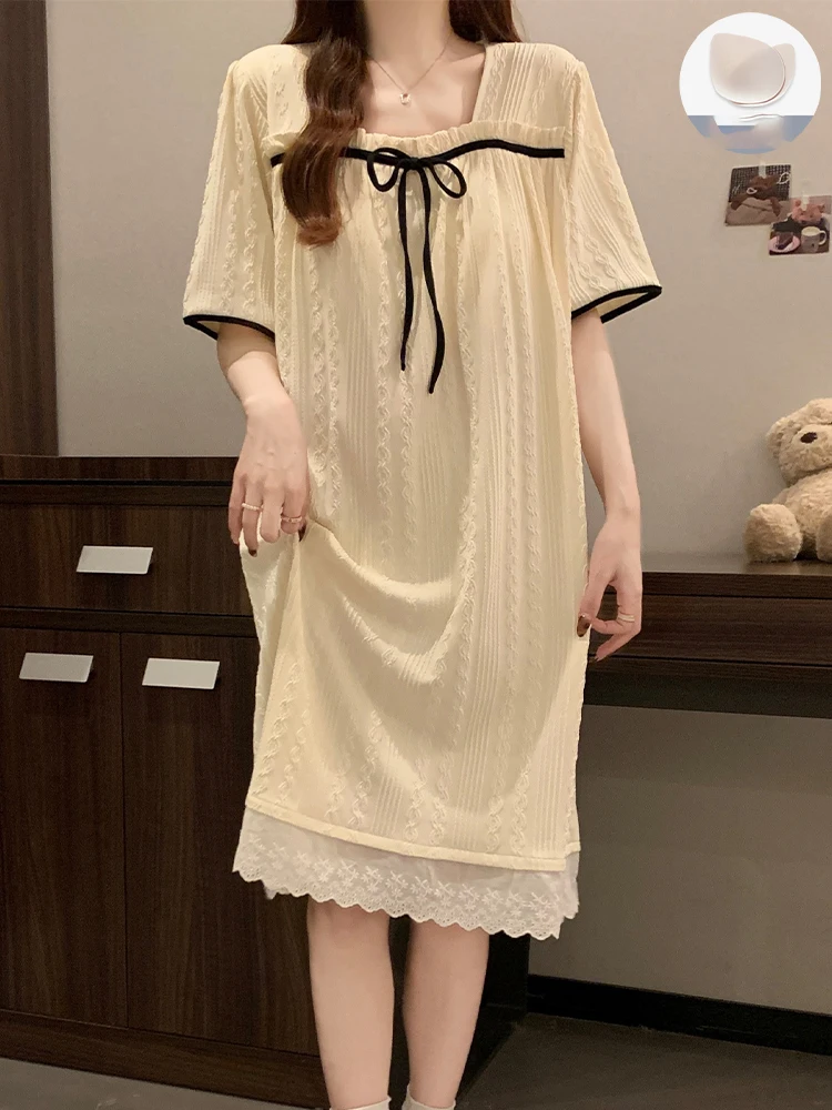 

Women's Casual Nightgown Summer Square Neck Short Sleeved Pajamas With Chest Cushion 2025 New Korean Loose Thin Home Wear