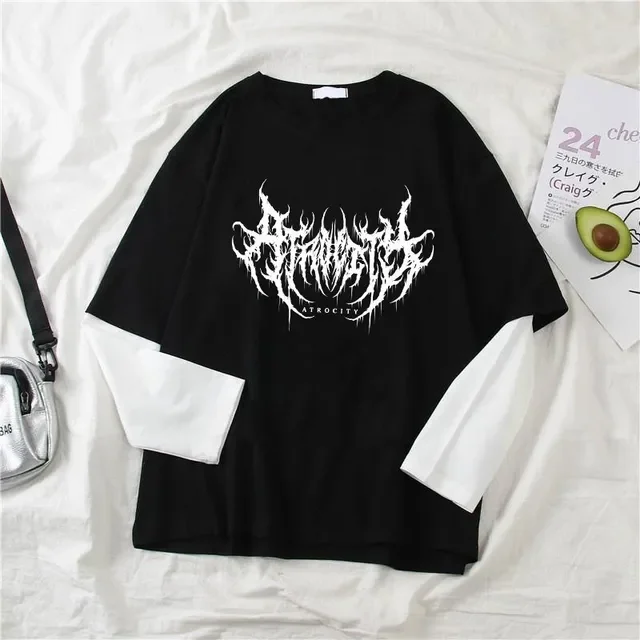 Frauen Atrocity Print Grafik Gefälschte Zwei Langarm T-shirts Mode Gothic Retro Casual Lose Gefälschte Zwei Langarm T Shirt