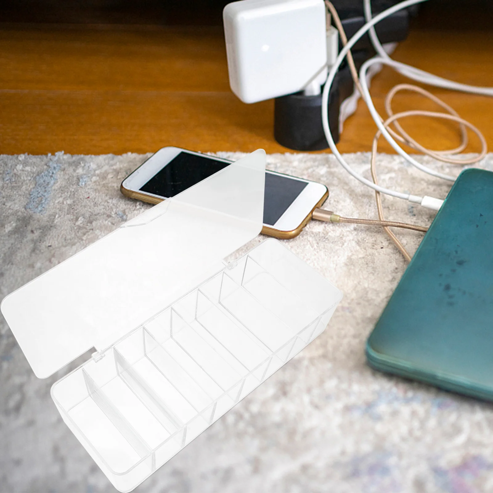 10pcs Cable Management Box 6 Compartment Plastic Cord Organizer Case For Desk Wall Corner Transparent Wire Storage Holder