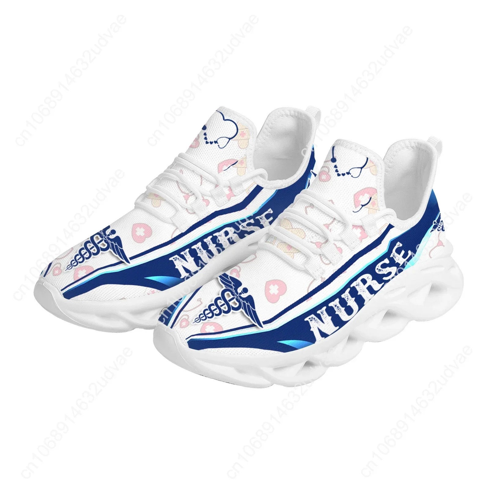 White Ladies Nurse Print Summer Knit Platform Shoes Lightweight And Breathable Lace-up Blade Sneakers Medical Shoes