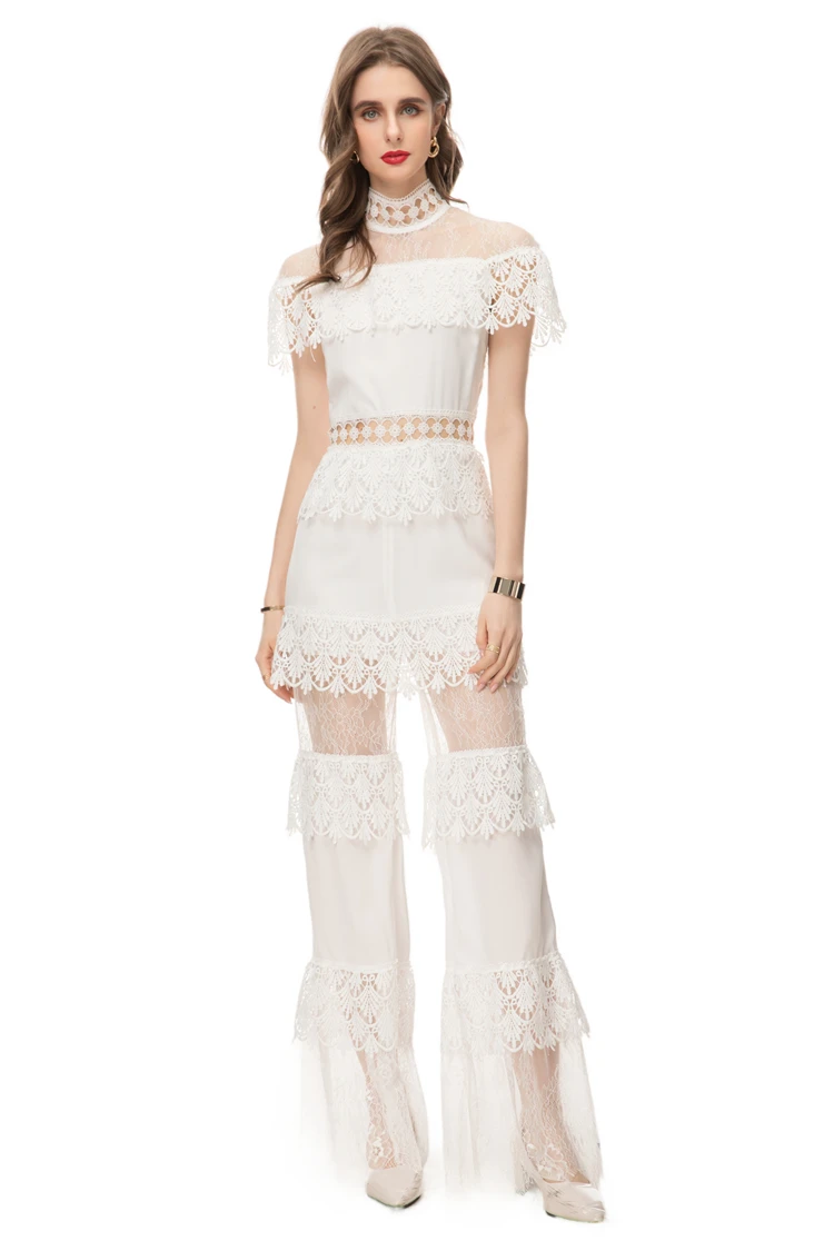 Women's Runway Jumpsuits& Rompers Stand Collar Short Sleeves Embroidery Lace Patchwork Sexy Tulle Laid Over Elegant Long Pants