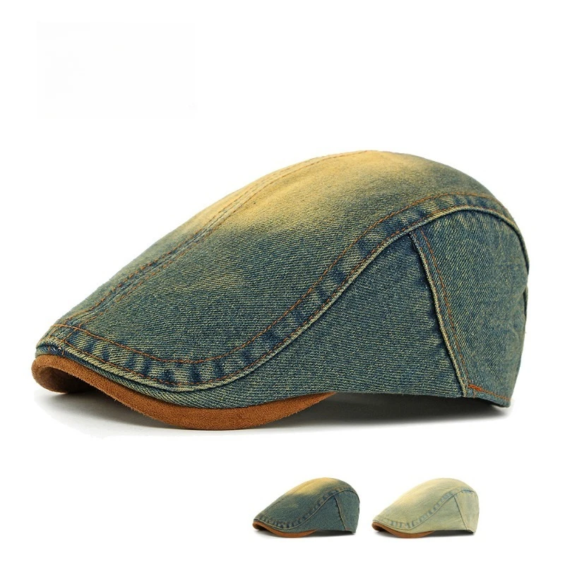 Vintage Gradient Washed Denim Ivy Cap Suede Brim Buckle Flat Beret Hat Breathable Jean Cap for Driving Fishing Daily Streetwear