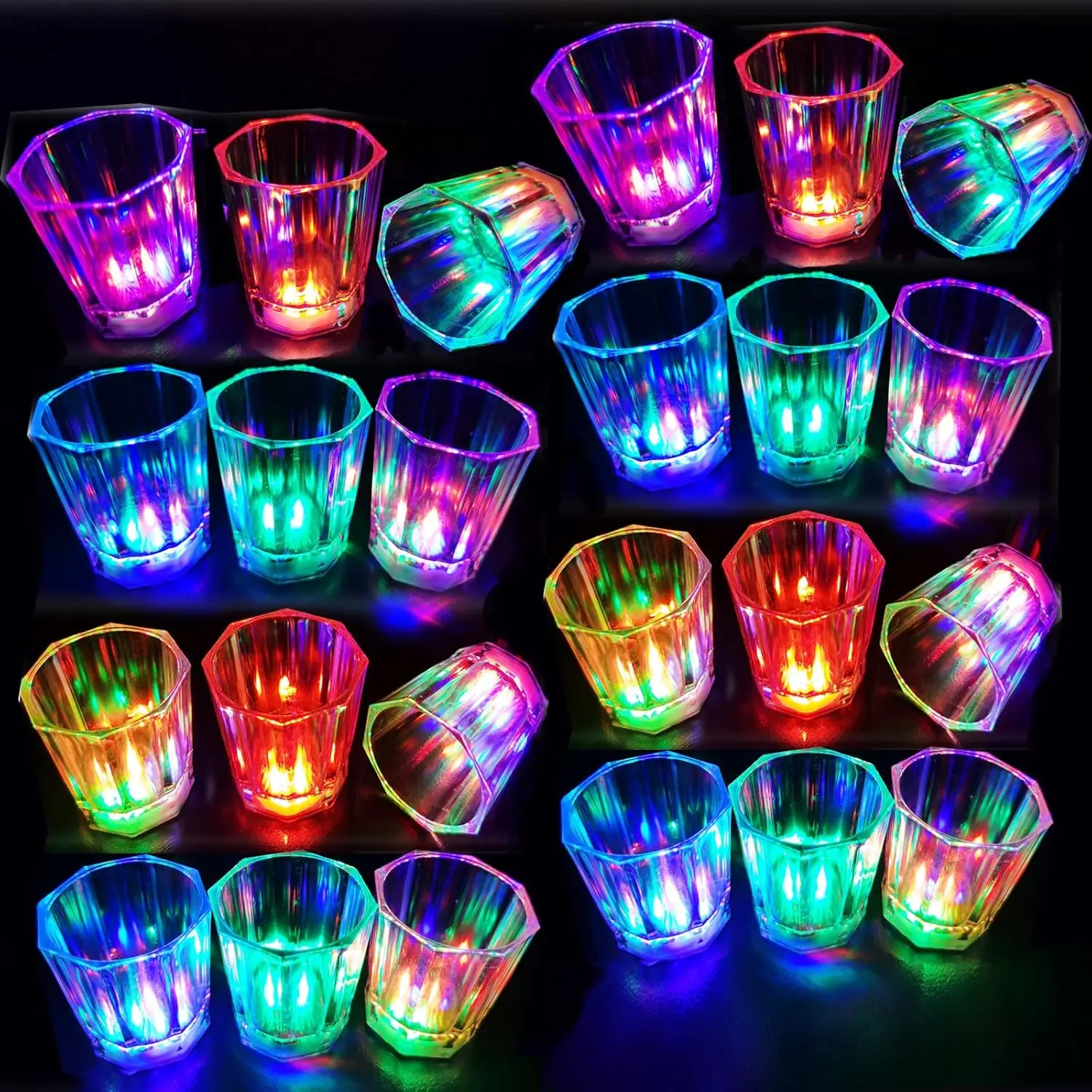24pcs LED Light Up Shot Glasses Glow in The Dark Shot Cups Plastic Party Cups with Flashing Lights for Adults Birthday Bar