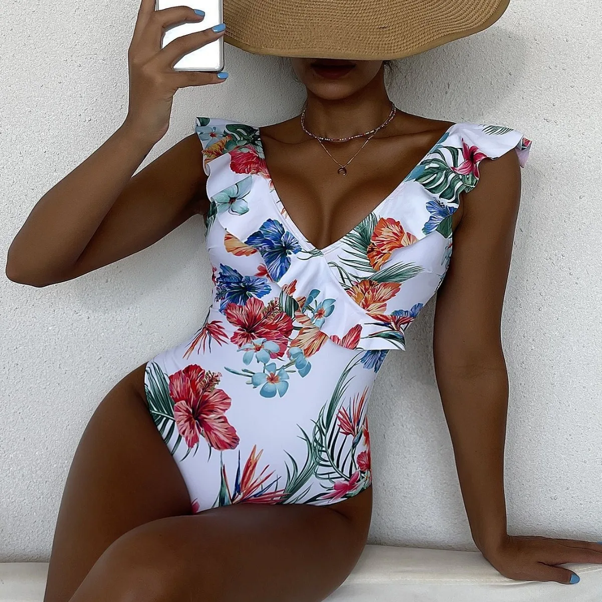 2025 nuevo Bikini Sexy de cintura alta de una pieza para mujer, traje de baño con estampado Floral, traje de baño sin espalda con volantes, ropa de playa ajustada para verano