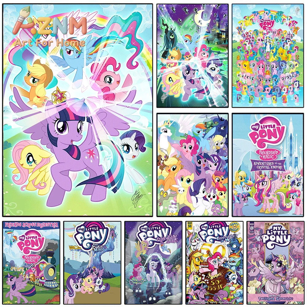 AZNM My Little Pony Group Character Canvas Painting, Frameless Canvas Wall Art, Cartoon Wall Painting for Bedroom Living Room