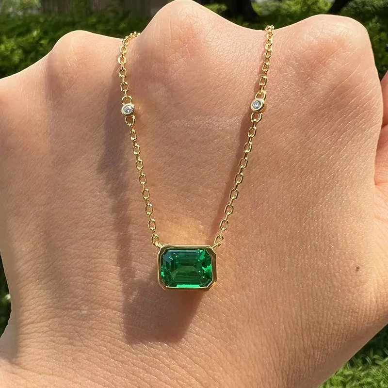 Lab Grown Moissanite Ruby Necklace Pendant Emerald 925 Sterling Silver Plated 18K Yellow Gold Anniversary Jewelry for Woman