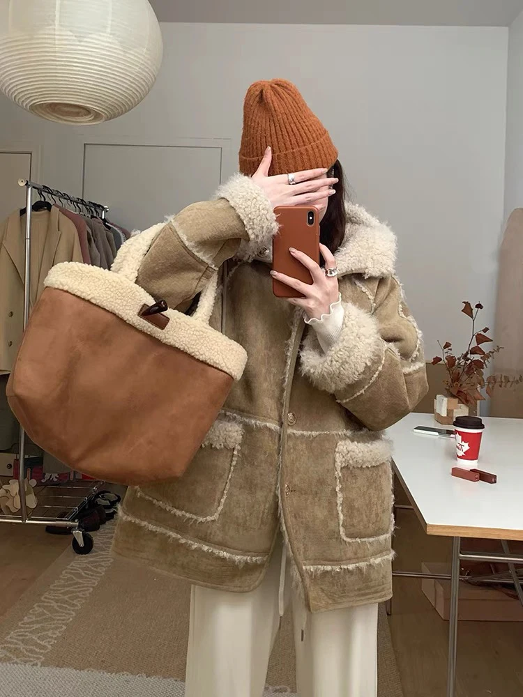 Hooded Lamb Wool Coat Women's Milk Tea Camel Thickened Warm Fashion Loose Casual Simple Retro All-Match Autumn and Winter Fur