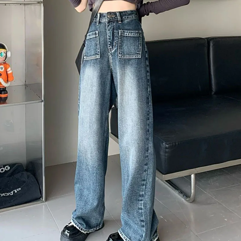 

Lucyever Wide Leg Denim Trousers Female Korean Fashion High Waist Straight Jeans Woman Casual All-Match Baggy Lengthen Pants