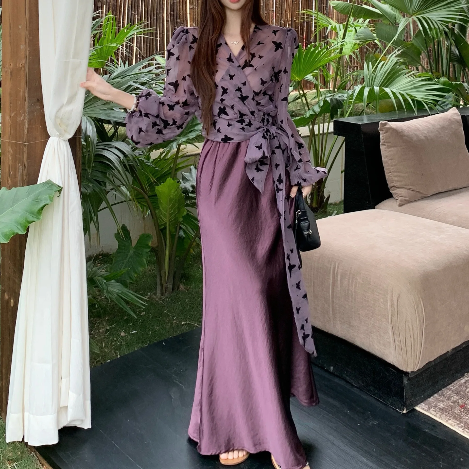 Fashionable Updated Women's Set Gentle Style French Vintage Soft Wind Autumn Chiffon Print