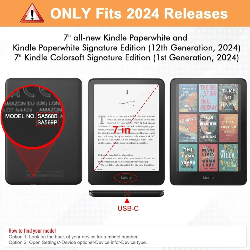 Stand Case for 7“ Kindle Paperwhite 12th 2024/Colorsoft (Model:SA569P), Flip Folio Durable Portable Soft Clear Protective Sleeve