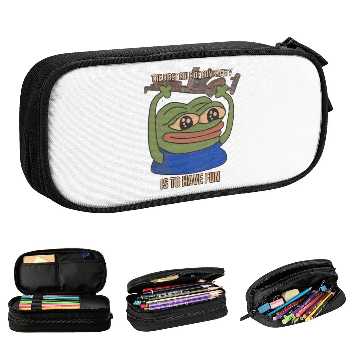 

P-pepe Frog Gun Safety Pencil Case Pen Bags Student Big Capacity Students School Zipper Pencilcases