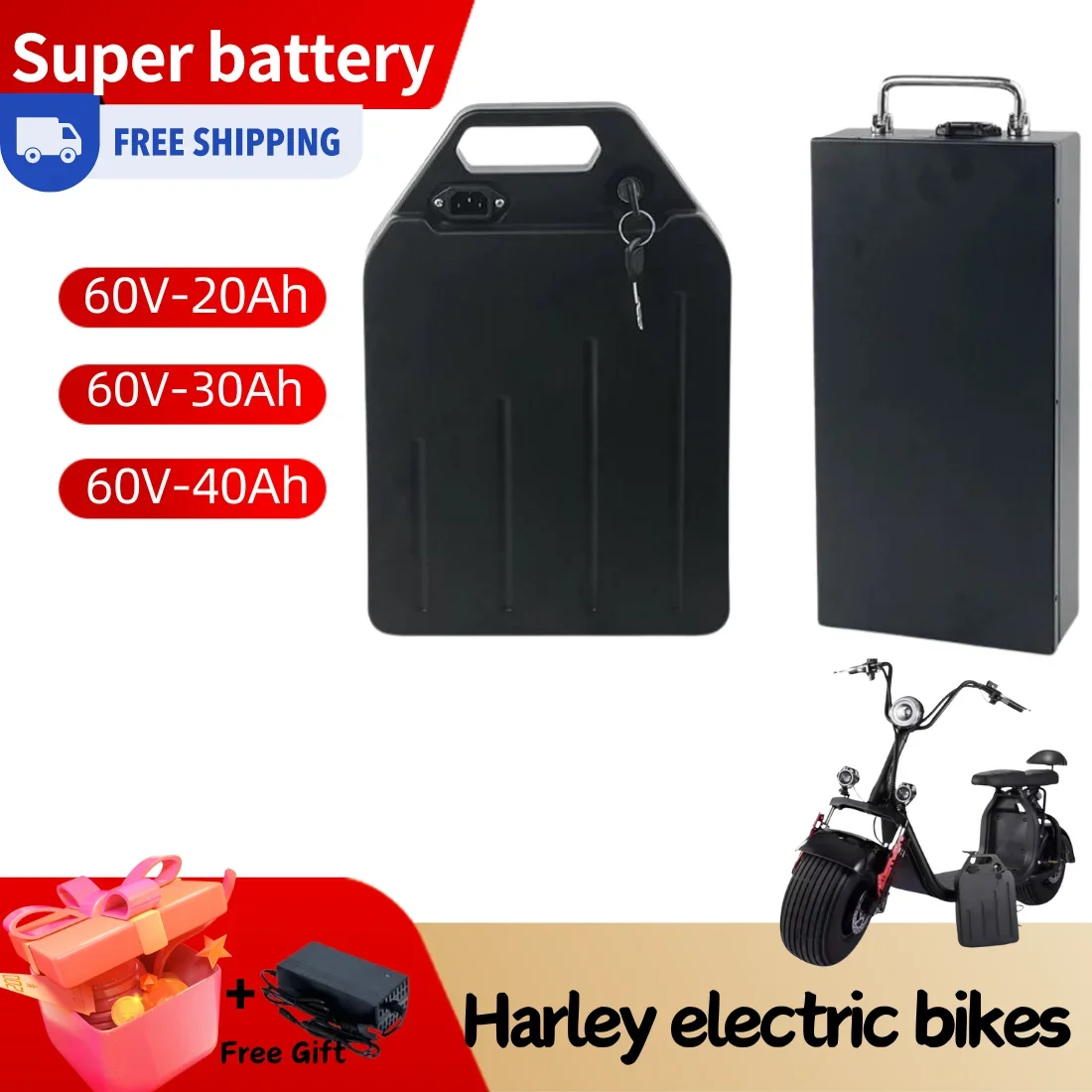 New Harley electric vehicle lithium battery waterproof 18650 60V 20Ah 40Ah two wheel foldable Citycoco electric scooter+charger