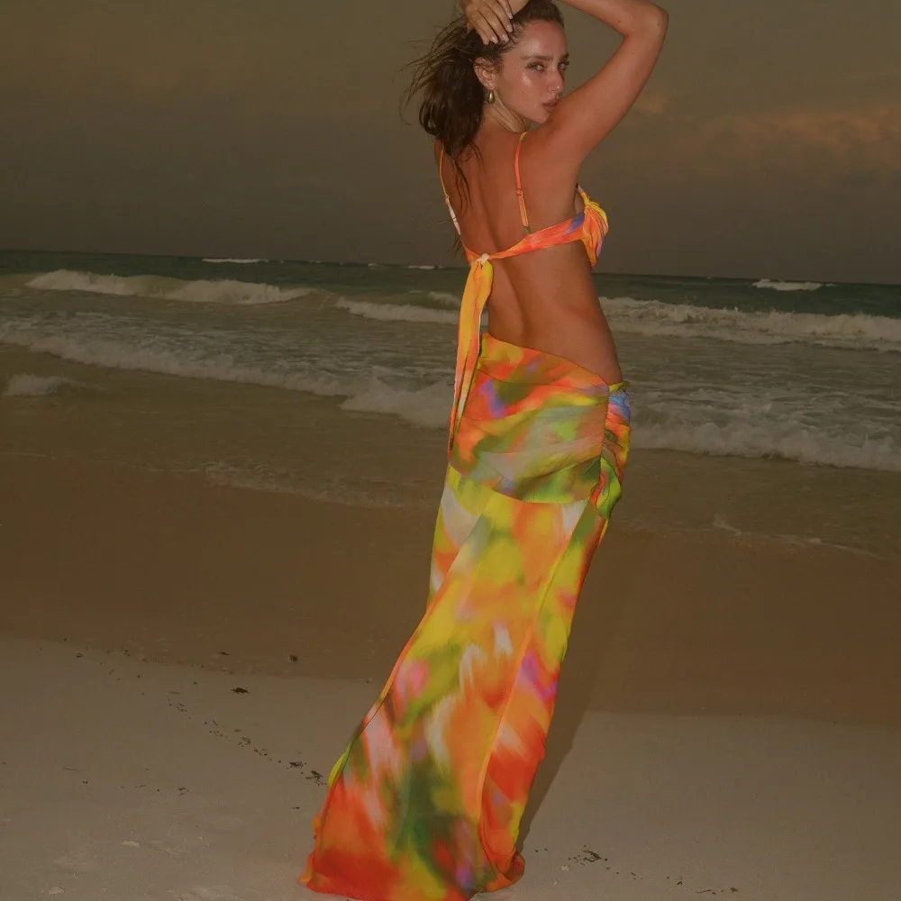Summer Sexy Chiffon Cut Out Maxi Dress for Women 2025 Fashion Spaghetti Strap Backless Holidays Beach Dress Cover-ups Beachwear
