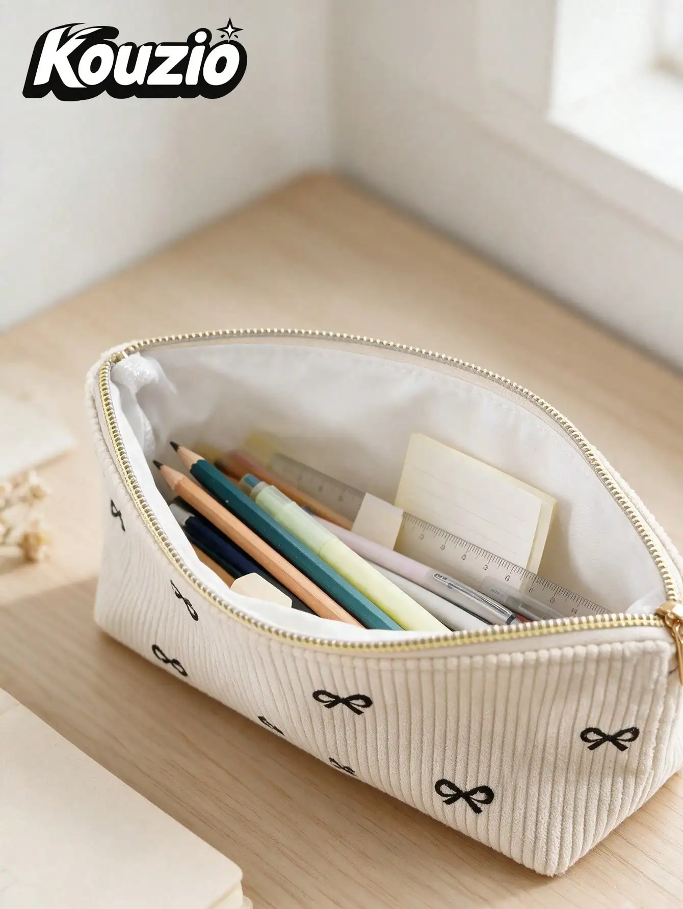 1 Pack Corduroy Bow Pencil Pouch, Cute Zipper Pen Case and Makeup Bag for Teen Girls, Back to School and Travel Gift