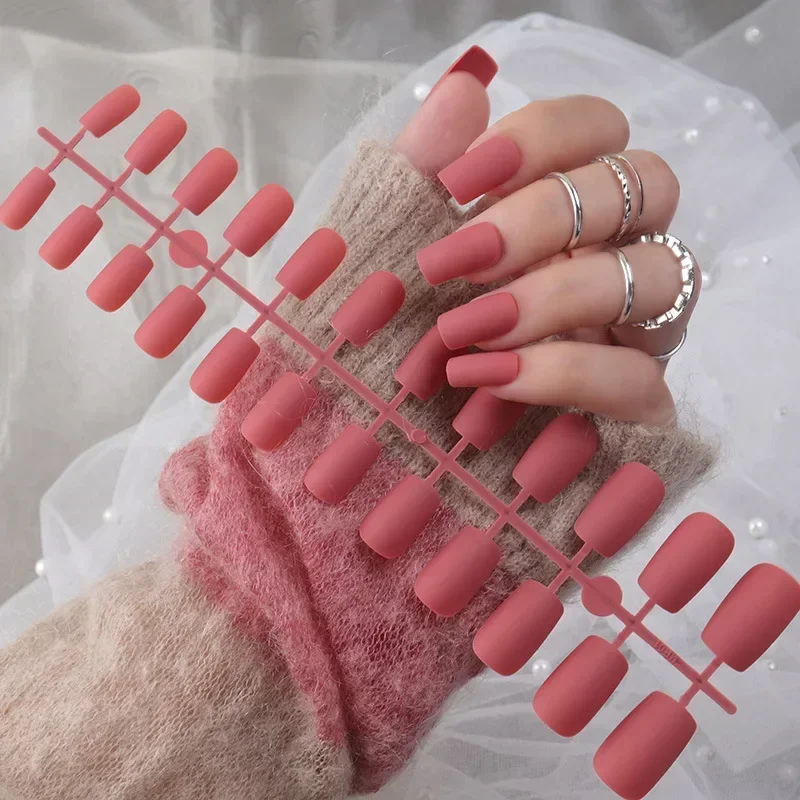 24Pcs/Set Matte False Nails Glue Square Head Frosted Press on Fake Nail Tips Full Cover Artificial Fingernails Ballet Detachable