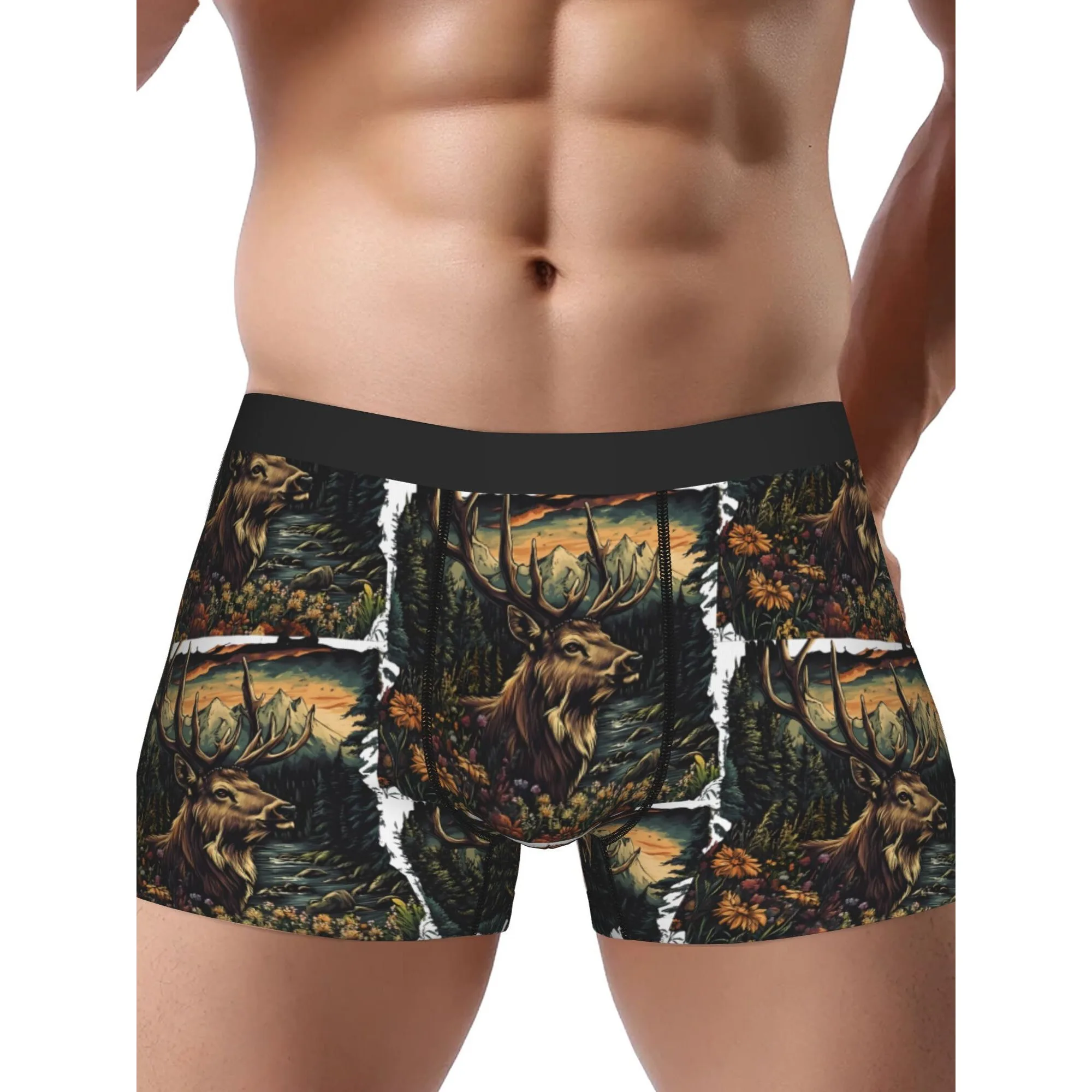 Wild Deer Nature Print Underwear Stretch Polyester Boxer Briefs Comfortable Durable for Casual Wear Deer Print Underwear