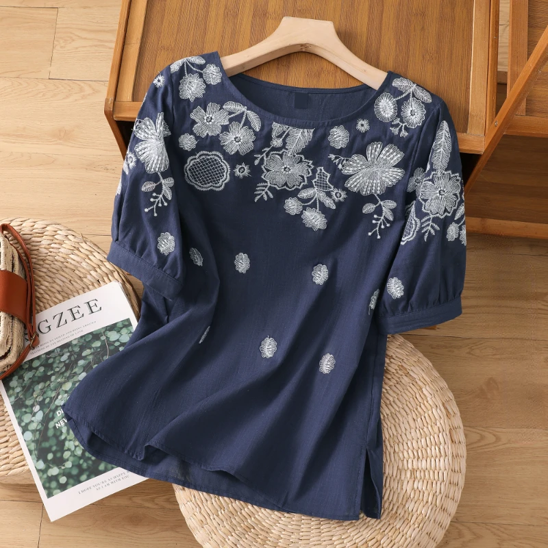 Cotton Linen T-shirt Women Summer 2023 Embroidery Loose Tees Short Sleeves Floral Top Chinese Style O-neck Clothing