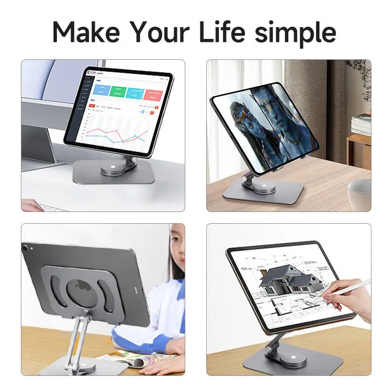 Suporte ajustável de alumínio para tablet e notebook com base giratória 360, dissipação de calor, suporte portátil para telefone, laptop e tablet