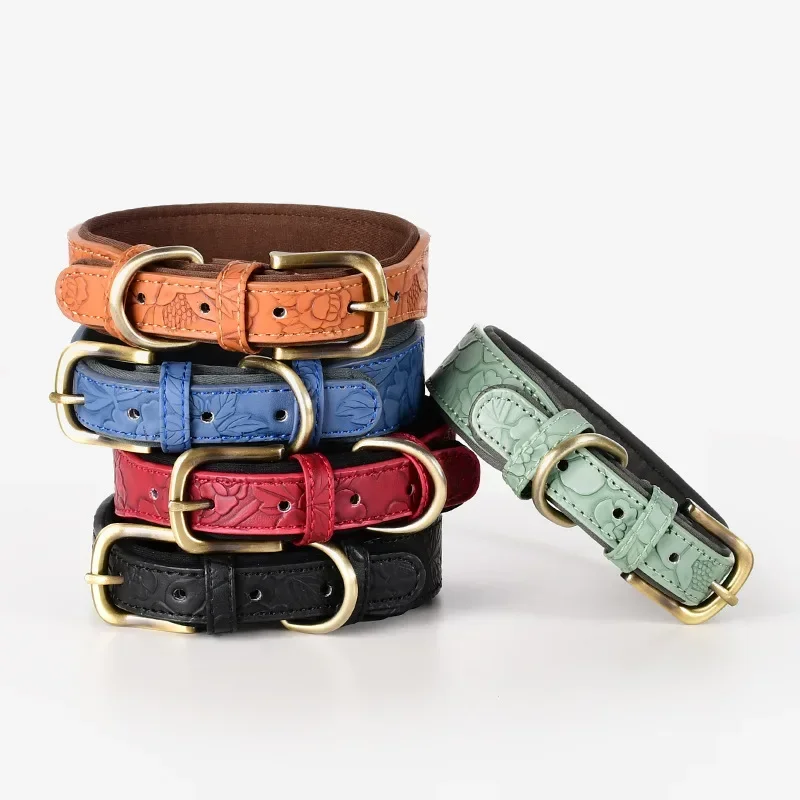 Leather Dog Collars For Walking Soft Wide Padding Embossed Collars For Medium Large Breeds Pet Training Collar Accessories