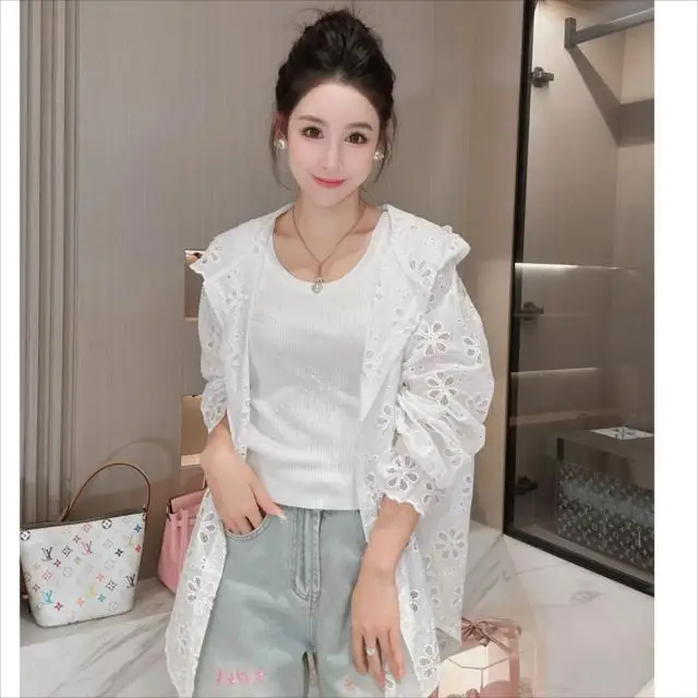 Hot Diamond Bluzka z długim rękawem Kurtka Letnia Nowa Przemysł Ciężki Hook-up Hollow Lace Wysokiej klasy klimatyzowana koszula z kapturem Top