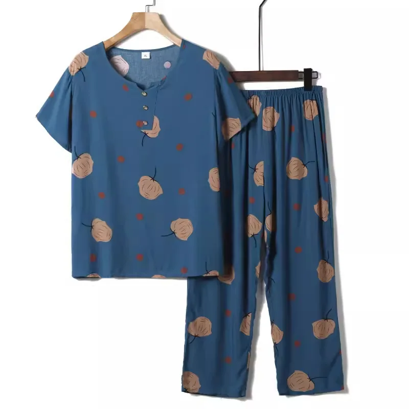 

Grandma Summer Pajamas Sets New Short Sleeve Sleepwear Women 2 Piece Set Outfit Floral Pyjama Femme Outside Wear Pijama Fminino