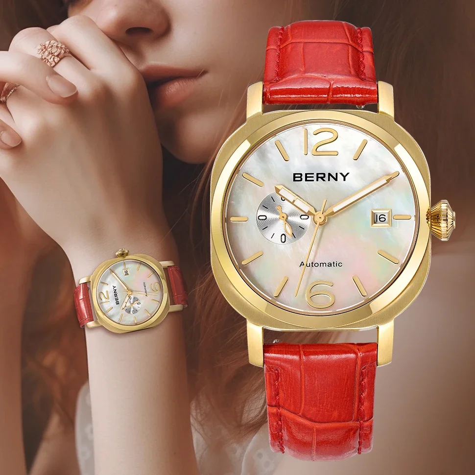 BERNY Ladies Mechanical Wristwatch Sapphire Genuine Leather MIYOTA 8217 Automatic Luxury Women Watch Luminous 5ATM Waterproof